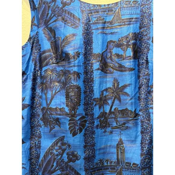 Hawaiiana Modes Honolulu XS VTG Dress Blue Gold Palm Tree Hawaiian Print Resort - Picture 3 of 9